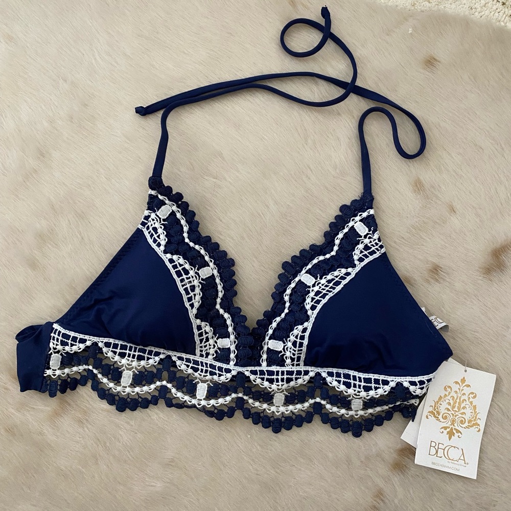 Becca Swim Women's Blue Delilah Crochet Trim Halter Bikini Top
